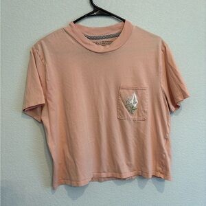 Volcom Peach Graphic Crop T-Shirt Floral Logo Pocket Tee Women L